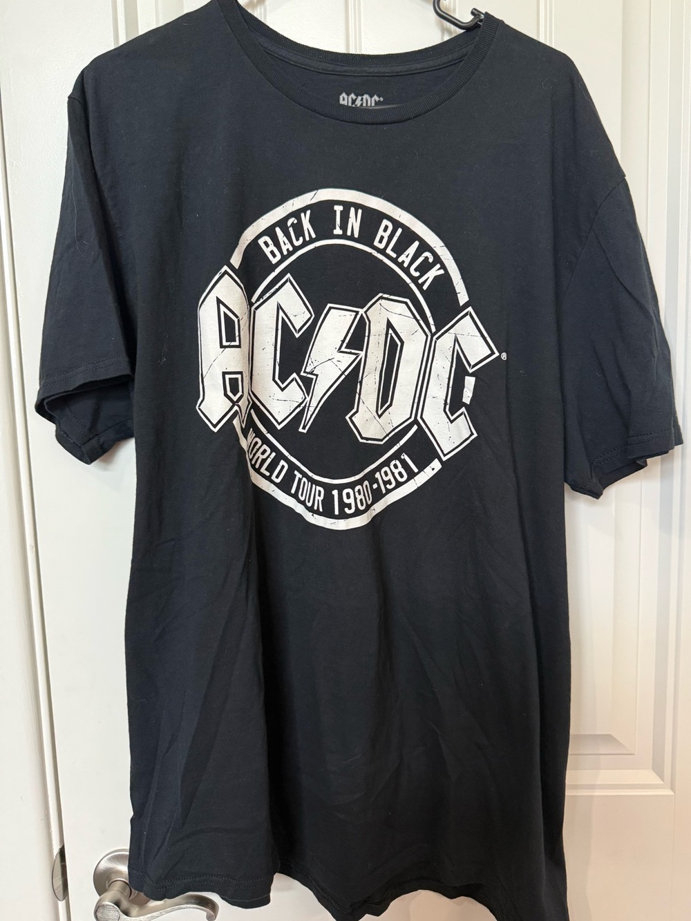 AC/DC Black Short Sleeve Graphic Tee with White Logo Sz 2XL Back In Black Tour